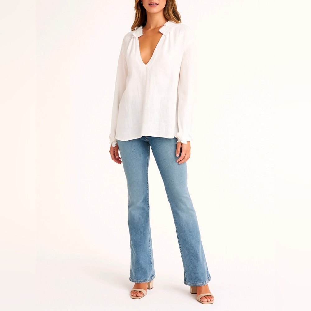 Harshman Los Angeles Blouse White Linen Ruffle V Neck Long Balloon Sleeve Size M